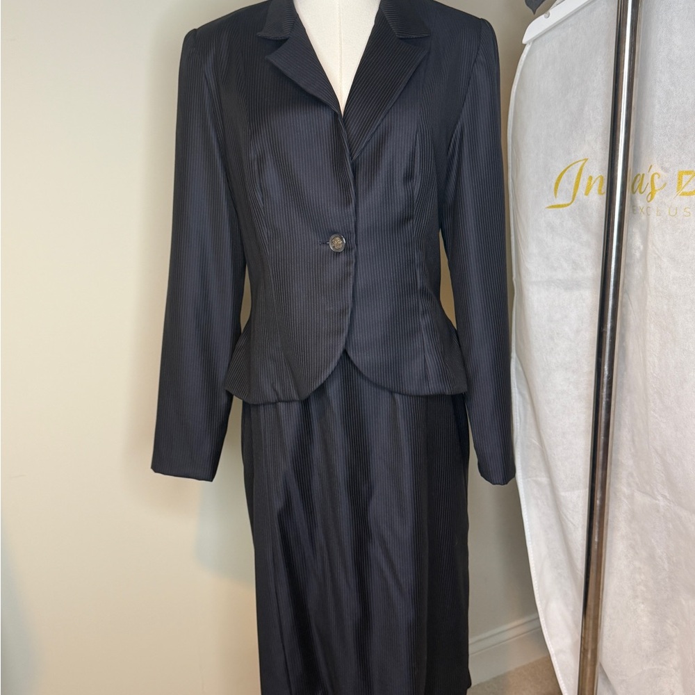 Black Pinstriped Tailored Blazer and skirt with Notched Lapel